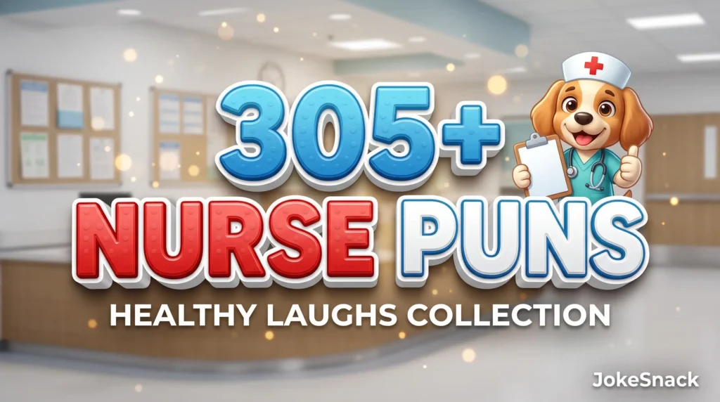 Featured thumbnail graphic for nurse puns with a 3D headline "305+ NURSE PUNS" and an adorable nurse dog mascot.