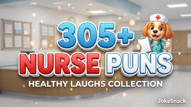 Featured thumbnail graphic for nurse puns with a 3D headline "305+ NURSE PUNS" and an adorable nurse dog mascot.