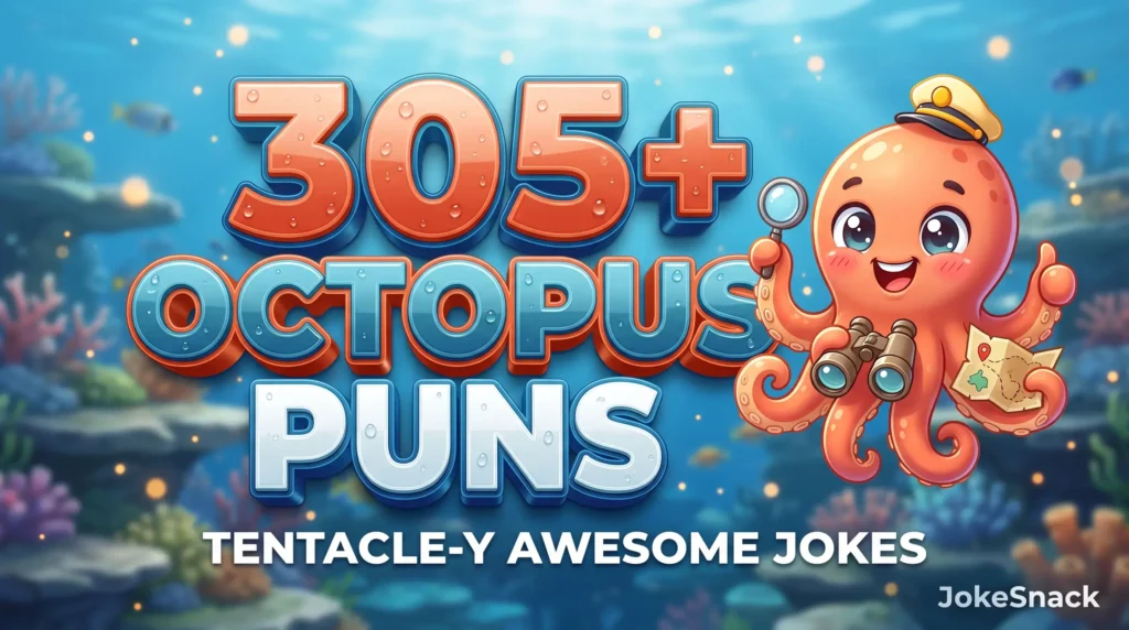 305+ octopus puns in bold 3D coral orange and blue typography beside a cheerful cartoon octopus mascot wearing a captain's hat.