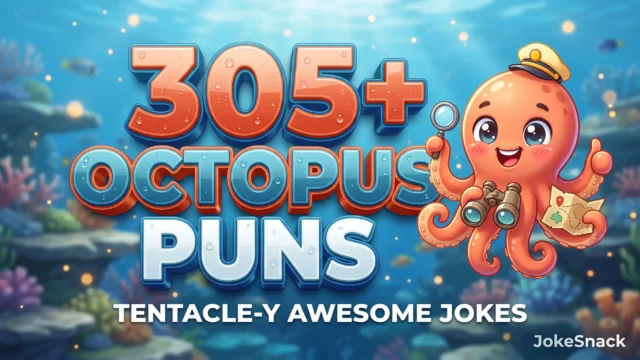 305+ octopus puns in bold 3D coral orange and blue typography beside a cheerful cartoon octopus mascot wearing a captain's hat.