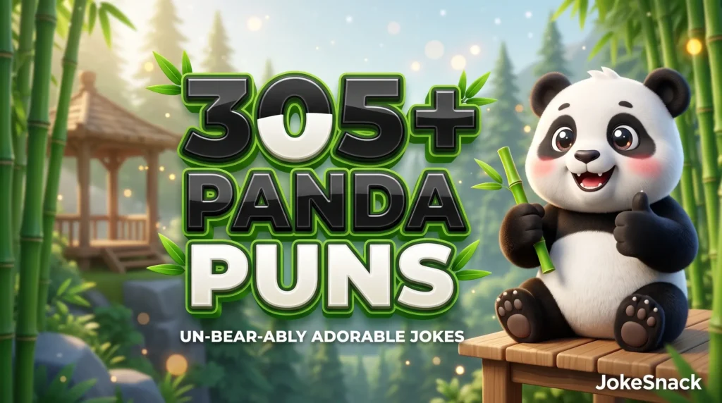 305+ panda puns in bold 3D black, white, and green typography beside a cheerful cartoon panda cub mascot holding bamboo.