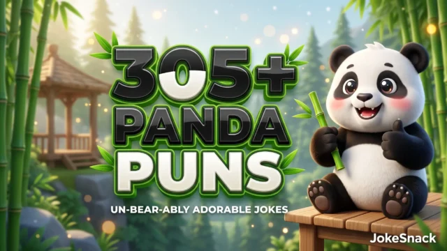 305+ panda puns in bold 3D black, white, and green typography beside a cheerful cartoon panda cub mascot holding bamboo.