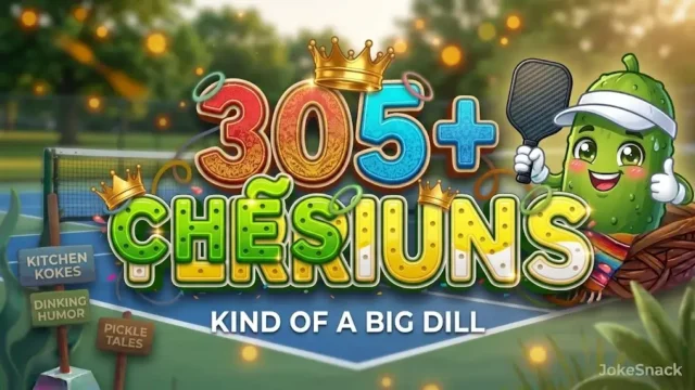 305+ pickleball puns in bold 3D green and yellow typography beside a cheerful cartoon pickle mascot holding a paddle.