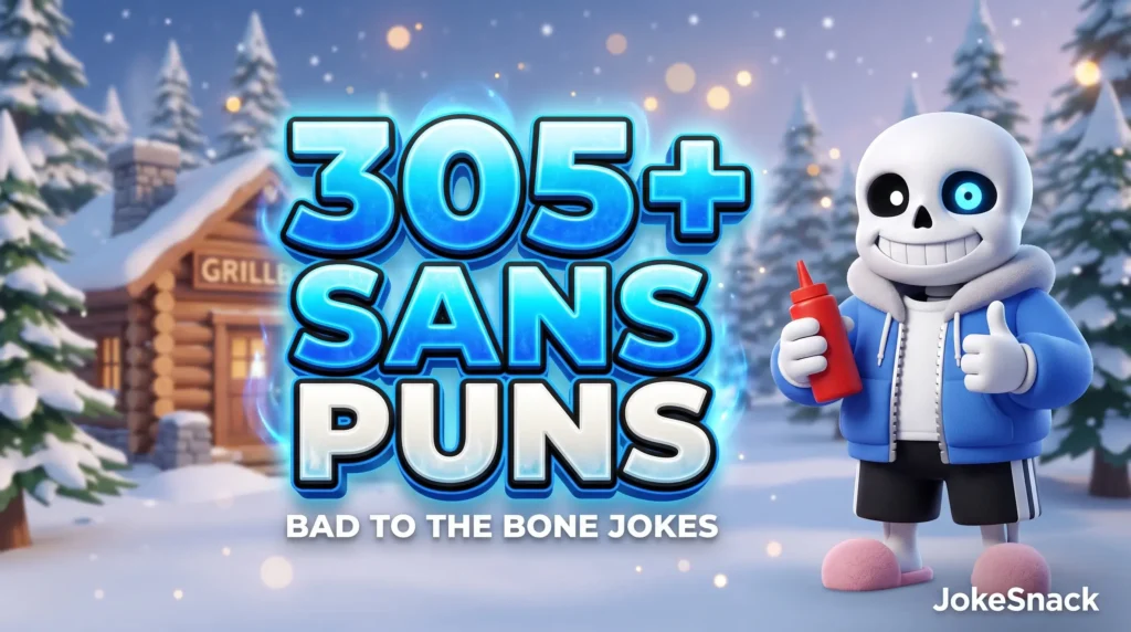 305+ Sans puns in bold 3D electric blue and bone-white typography beside a cheerful cartoon skeleton mascot in a blue hoodie and pink slippers.