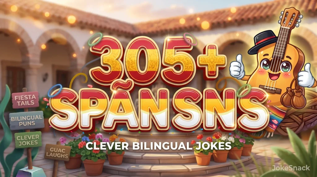 305+ Spanish puns in bold 3D red and gold typography beside a cheerful cartoon guitar mascot wearing a hat.