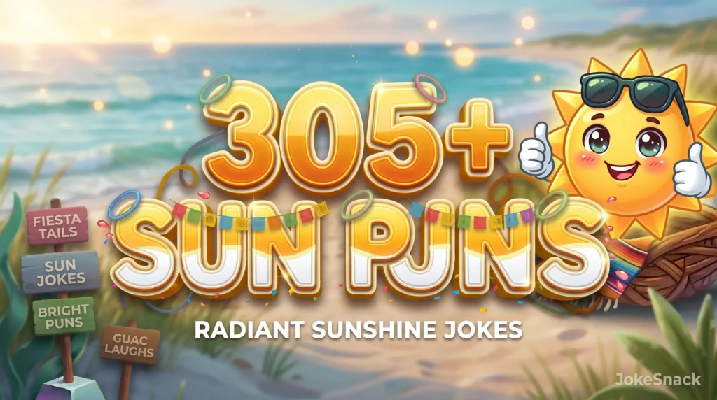 305+ sun puns in bold 3D golden typography beside a cheerful cartoon sun mascot wearing sunglasses.