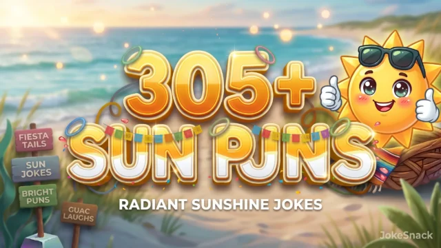 305+ sun puns in bold 3D golden typography beside a cheerful cartoon sun mascot wearing sunglasses.
