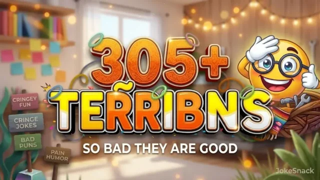 305+ terrible puns in bold 3D yellow typography beside a cheerful facepalming cartoon mascot.