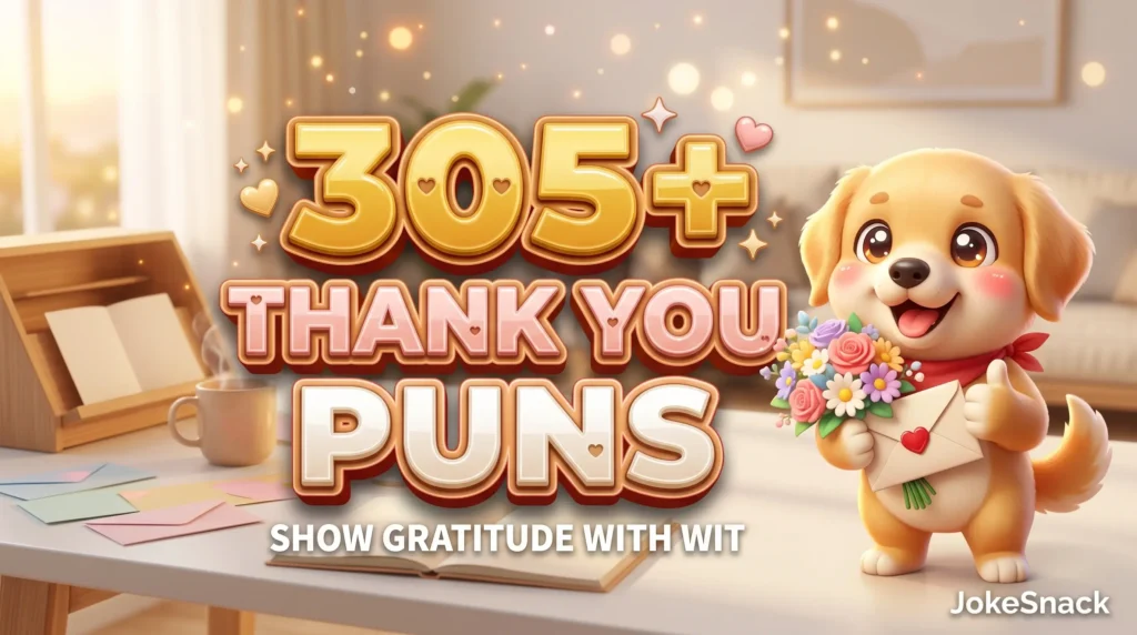 305+ thank you puns in bold 3D honey-gold and blush-pink typography beside a cheerful cartoon puppy mascot holding flowers and a thank-you note.