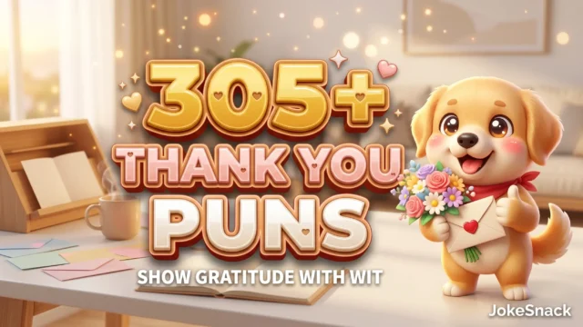 305+ thank you puns in bold 3D honey-gold and blush-pink typography beside a cheerful cartoon puppy mascot holding flowers and a thank-you note.
