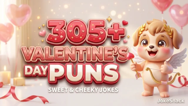 305+ Valentine's Day puns in bold 3D red and rose-gold typography beside a cheerful cartoon Cupid puppy mascot with wings and bow.