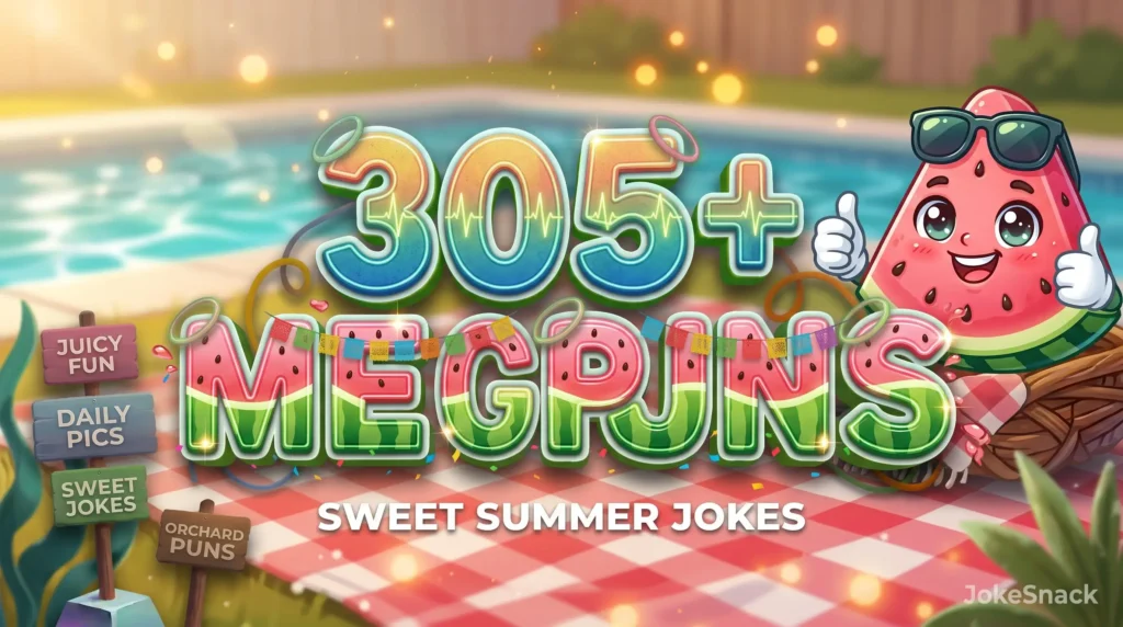 305+ watermelon puns in bold 3D juicy typography beside a cheerful cartoon watermelon slice mascot flashing a thumbs-up.