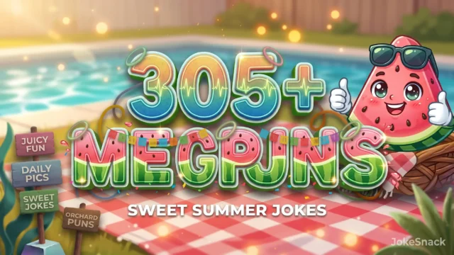 305+ watermelon puns in bold 3D juicy typography beside a cheerful cartoon watermelon slice mascot flashing a thumbs-up.
