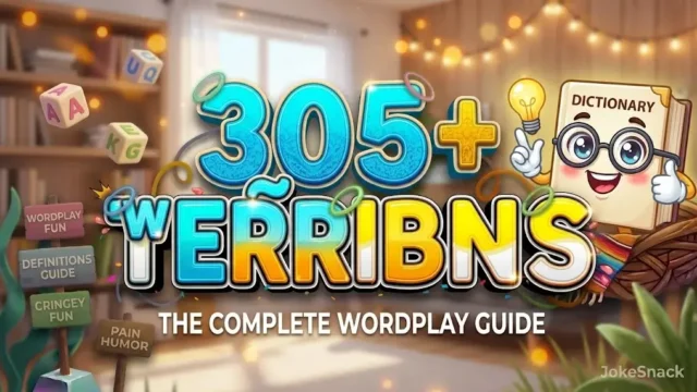What are puns in bold 3D cyan and yellow typography beside a cheerful cartoon dictionary mascot holding a glowing lightbulb.